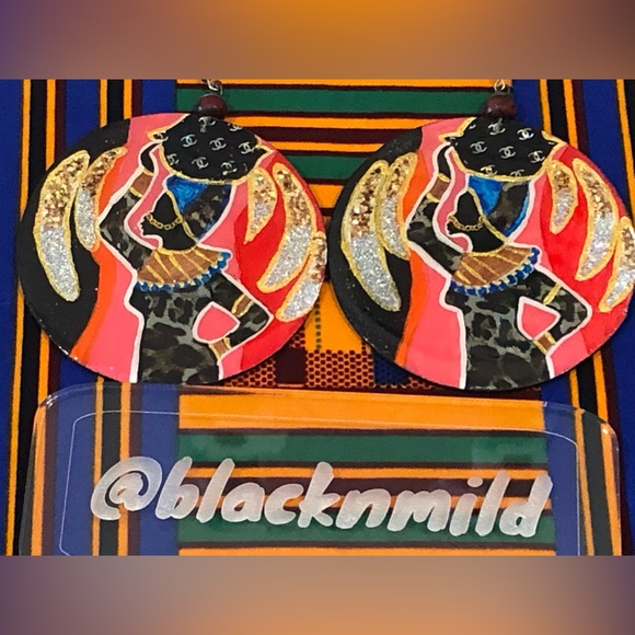 Hand Crafted Jewelry - Hand Painted Afrocentric 3D Earrings “Goddess”